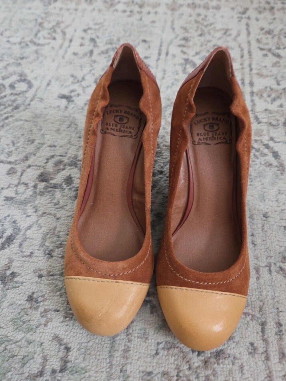 Lucky Brand Wedge Heels Womens 7 Tan Brown Leather Round Toe Slip On Suede NWOT